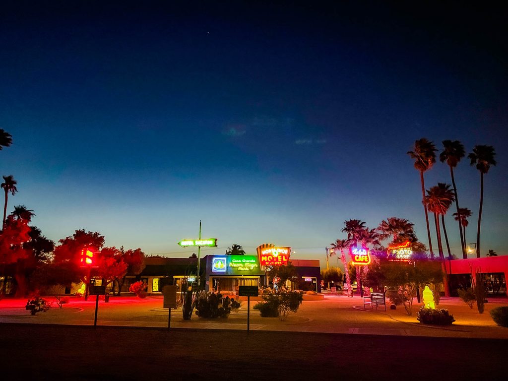 wide image of the casa grande neon sign park